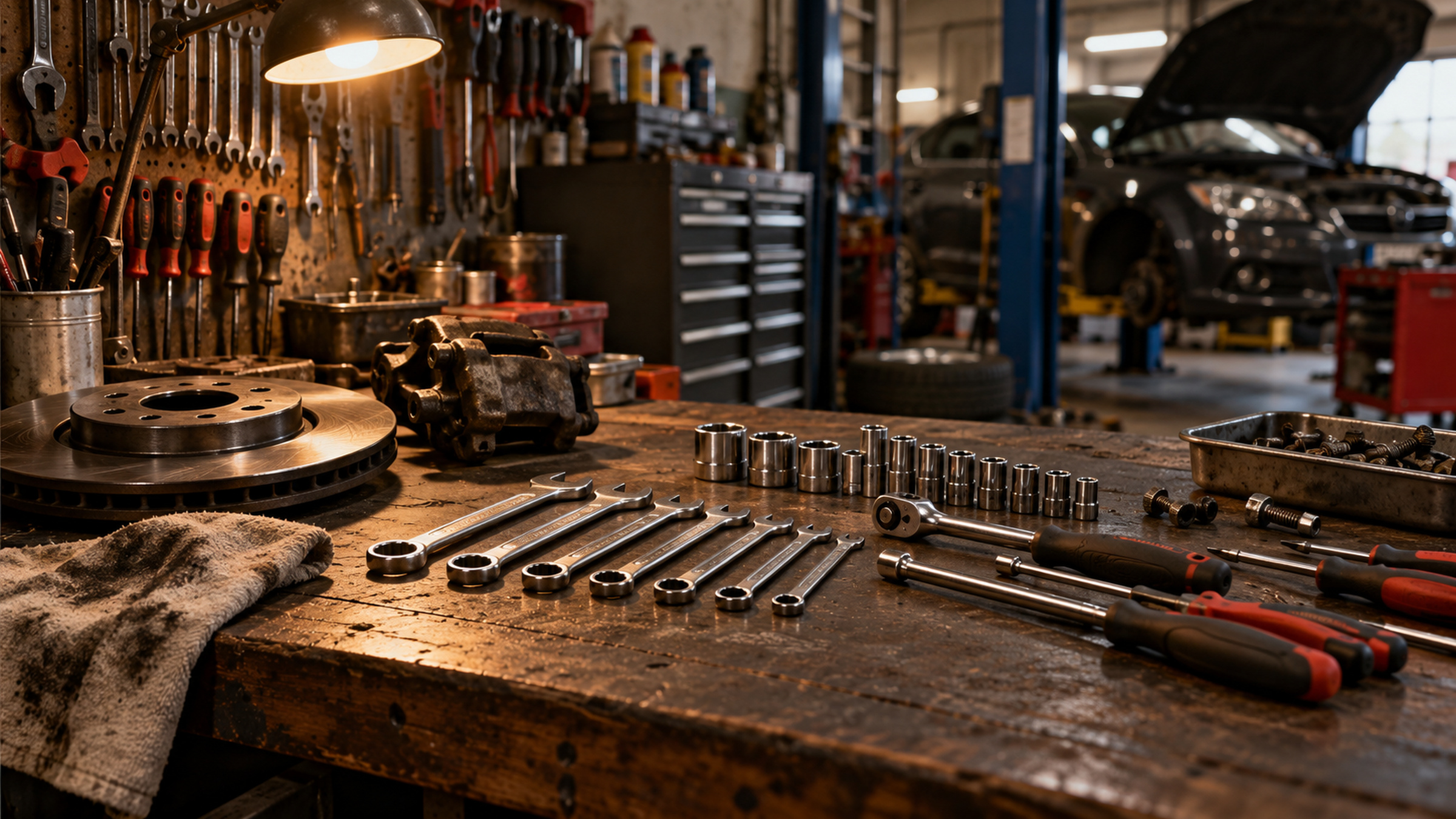 établi en bois sombre, outils alignés, lampe d'atelier chaude